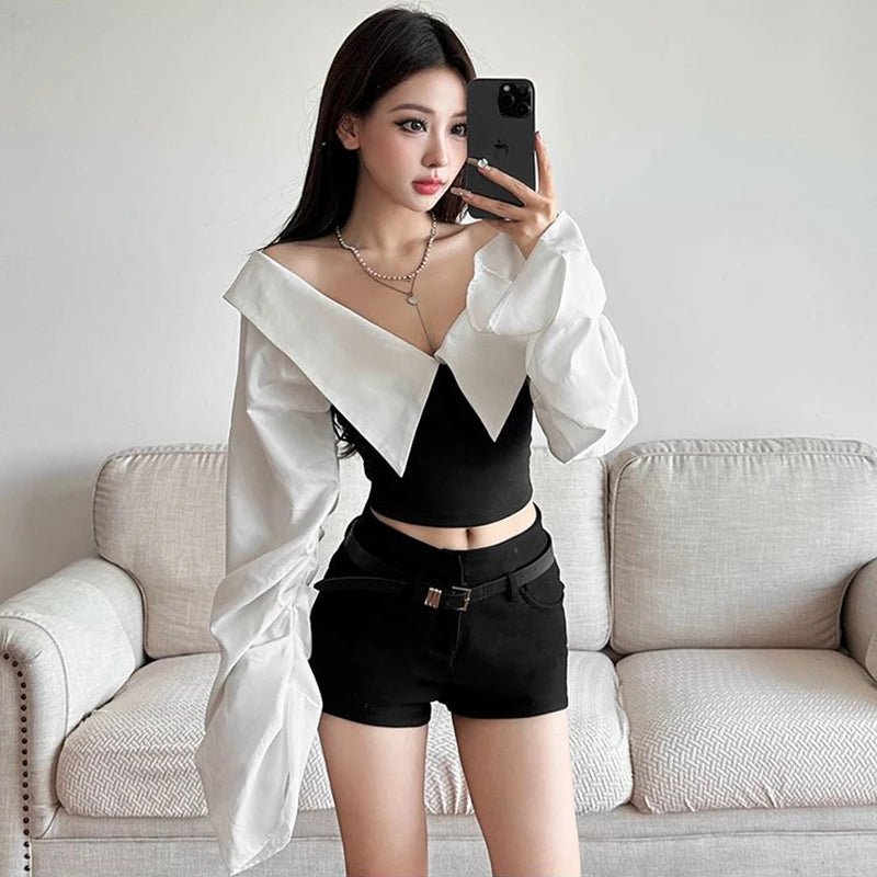 Y2K Off Shoulder Patchwork Crop Top Women Streetwear Long Sleeve - Lia_Store