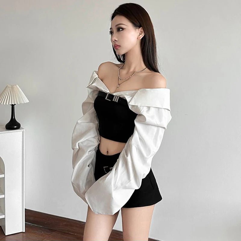 Y2K Off Shoulder Patchwork Crop Top Women Streetwear Long Sleeve - Lia_Store