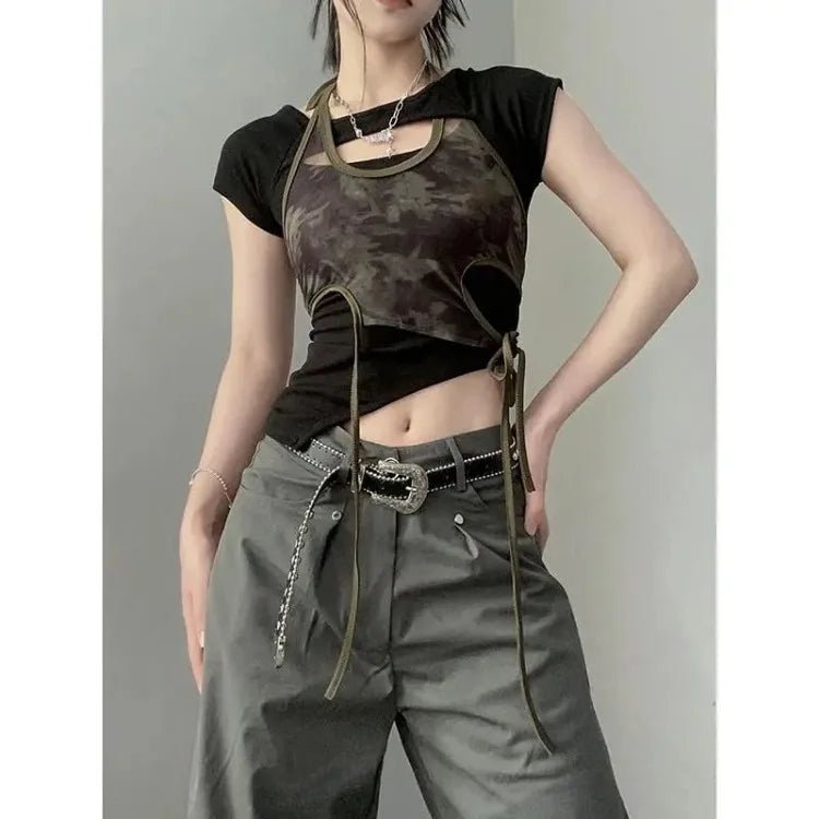 Y2K Vintage Camo Mesh Halter Top for Women - Lia_Store