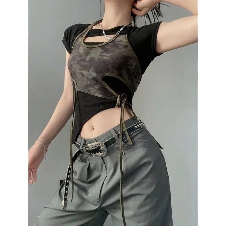 Y2K Vintage Camo Mesh Halter Top for Women - Lia_Store