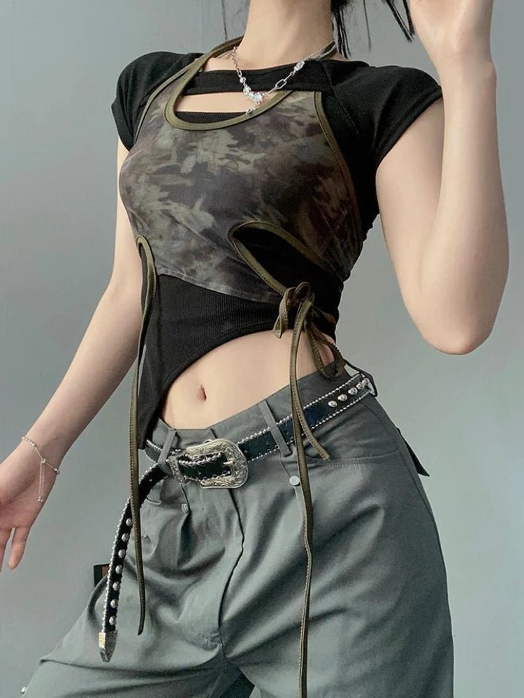 Y2K Vintage Camo Mesh Halter Top for Women - Lia_Store