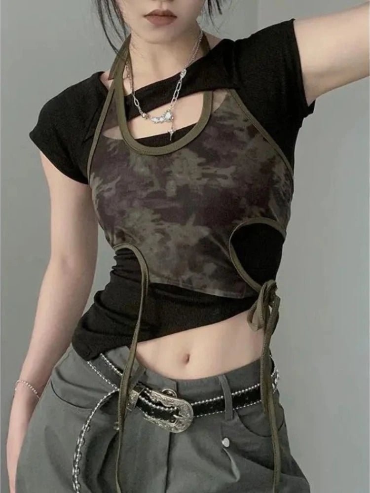Y2K Vintage Camo Mesh Halter Top for Women - Lia_Store